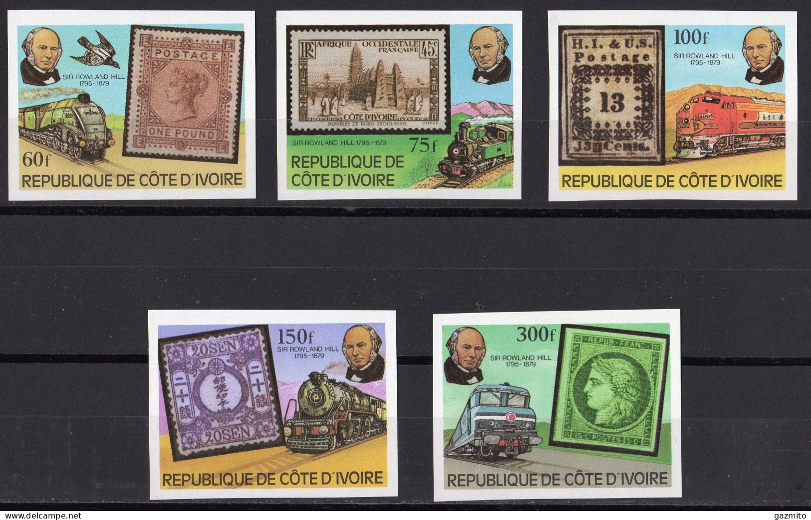 Ivory Coast 1981, Trains, Roland Hill, Stamp On Stamp, 5val IMPERFORATED - Rowland Hill