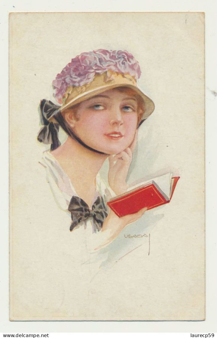 Carte Fantaisie Femme Avec Livre -  Illustrateur Signé USABAL - Usabal