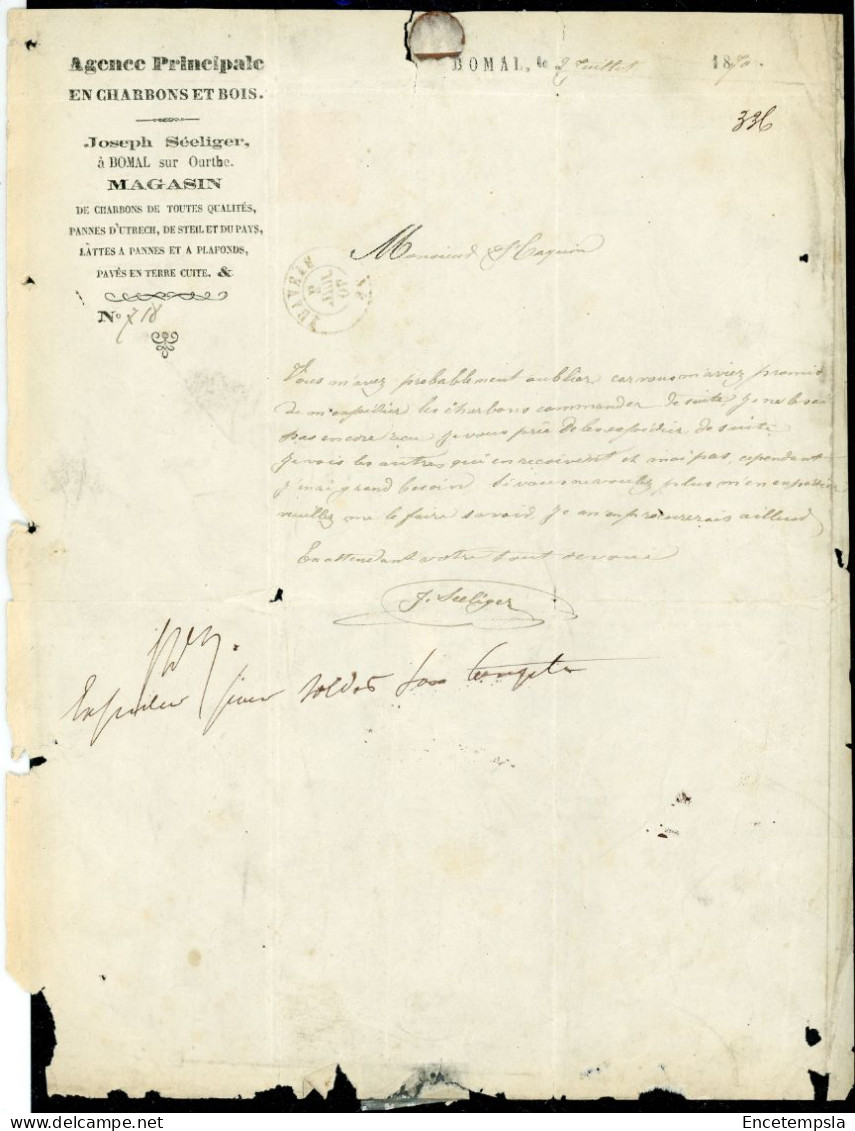 Lettre Commerciale Timbrée 1870 - Agence Principale En Charbon Et Bois -Joseph Séeliger - Bomal  (LC6OK) - 1800 – 1899