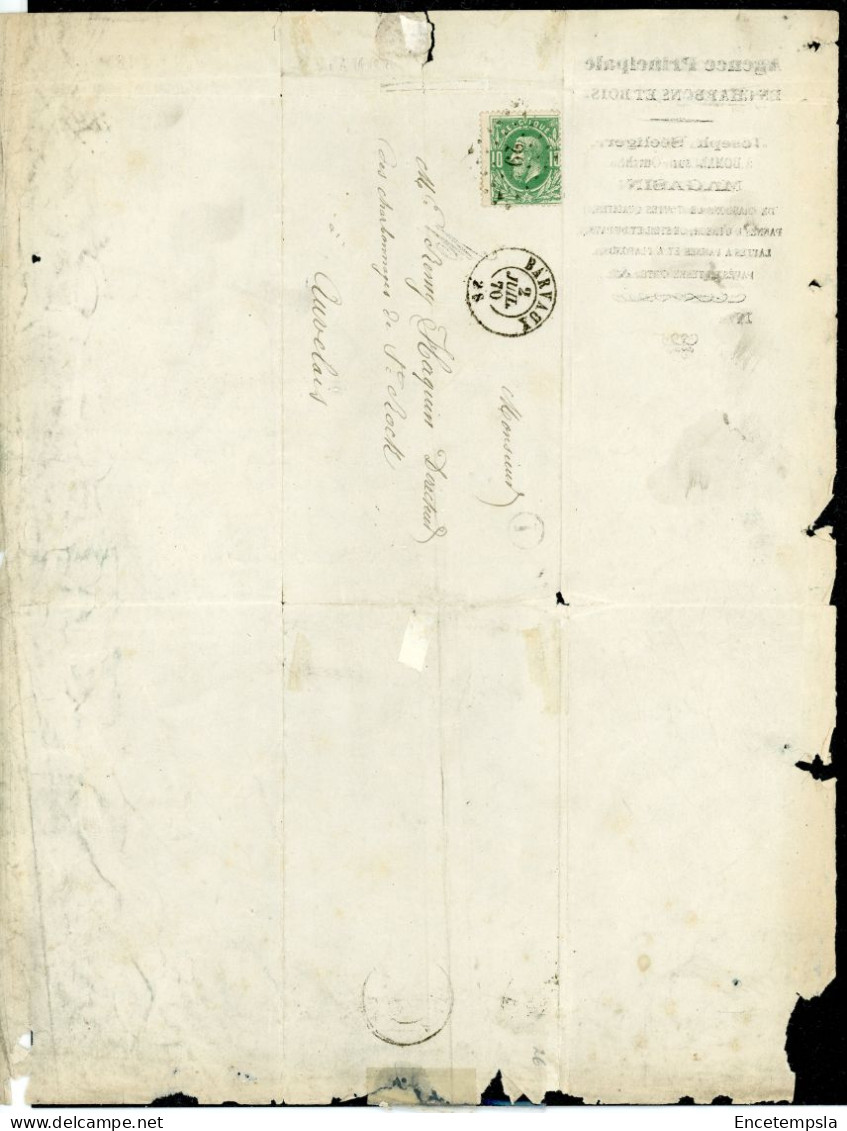 Lettre Commerciale Timbrée 1870 - Agence Principale En Charbon Et Bois -Joseph Séeliger - Bomal  (LC6OK) - 1800 – 1899