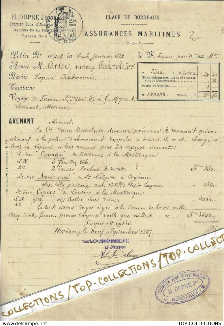 1887 NAVIGATION ASSURANCES MARITIMES Bordeaux St Nazaire  Londres =>   Martinique   Cayenne  Guyane  Besse Cabrol - 1800 – 1899