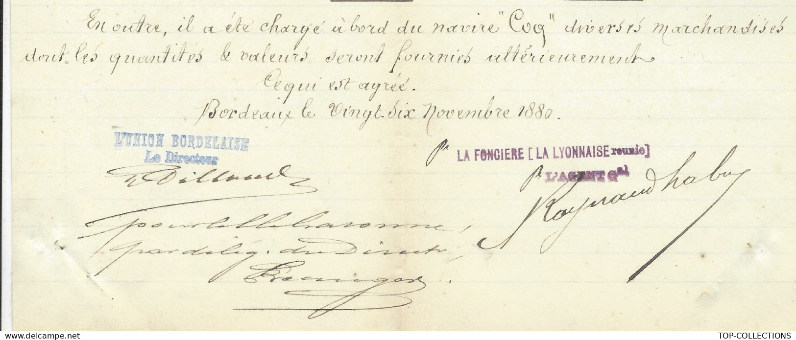 1880  NAVIGATION ASSURANCES MARITIMES Bordeaux Pour  Cayenne  Guyane CARGAISON Navire Coq  Avec  3 Assureurs - 1800 – 1899