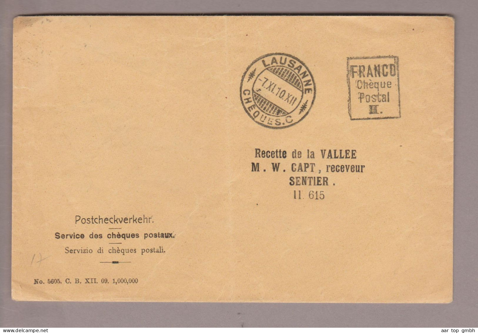 CH Portofreiheit Franco Chèque Postal II 1910-11-07 Lausanne Brief Nach Sentier - Portofreiheit