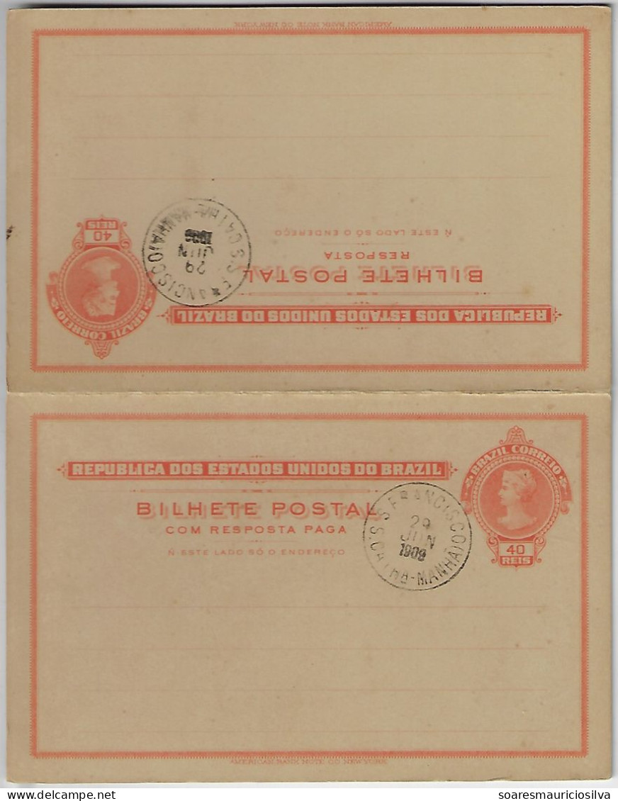 Brazil 1909 Postal Stationery RHM-BP-71 Double Card 40+40 Réis Stamp With Answer Postmar São Francisco Saint Francis - Entiers Postaux