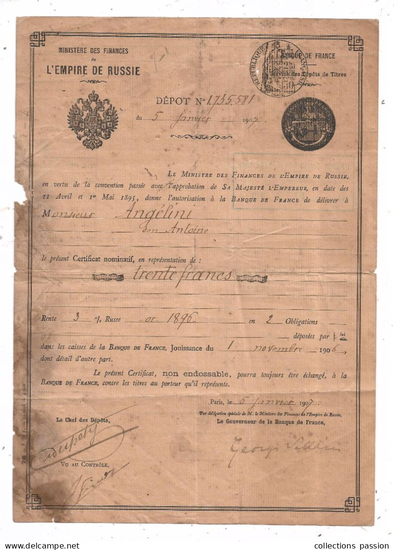 Rente 3 % RUSSE OR 1896 En 2 Obligations Déposées Dans Les Caisses De La Banque De France, 1907, Frais Fr 1.65 E - Rusland