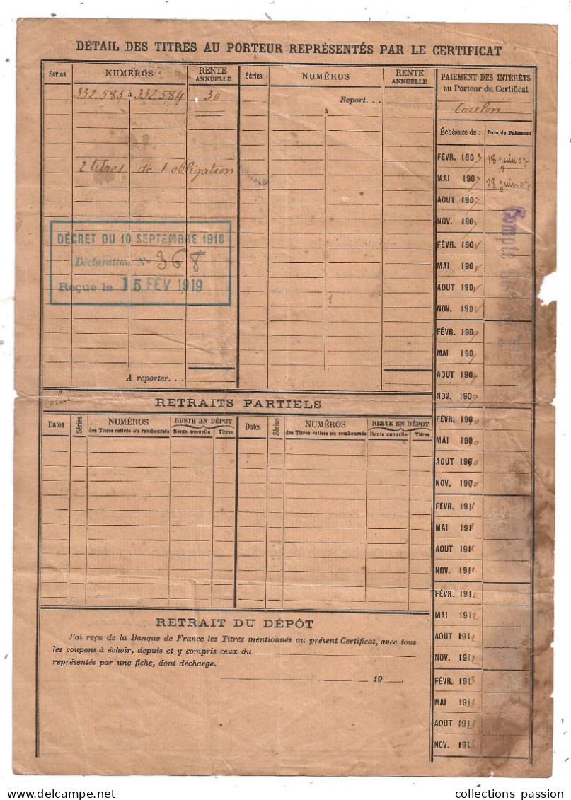 Rente 3 % RUSSE OR 1896 En 2 Obligations Déposées Dans Les Caisses De La Banque De France, 1907, Frais Fr 1.65 E - Russie