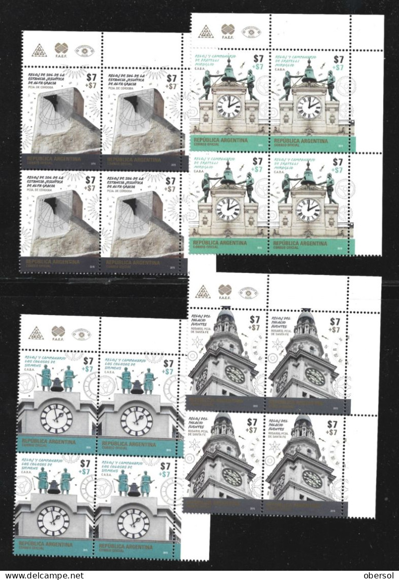 Argentina 2015 Clocks, Architecture Historical Buildings Complete Set In Blocks Of Four MNH - Nuevos