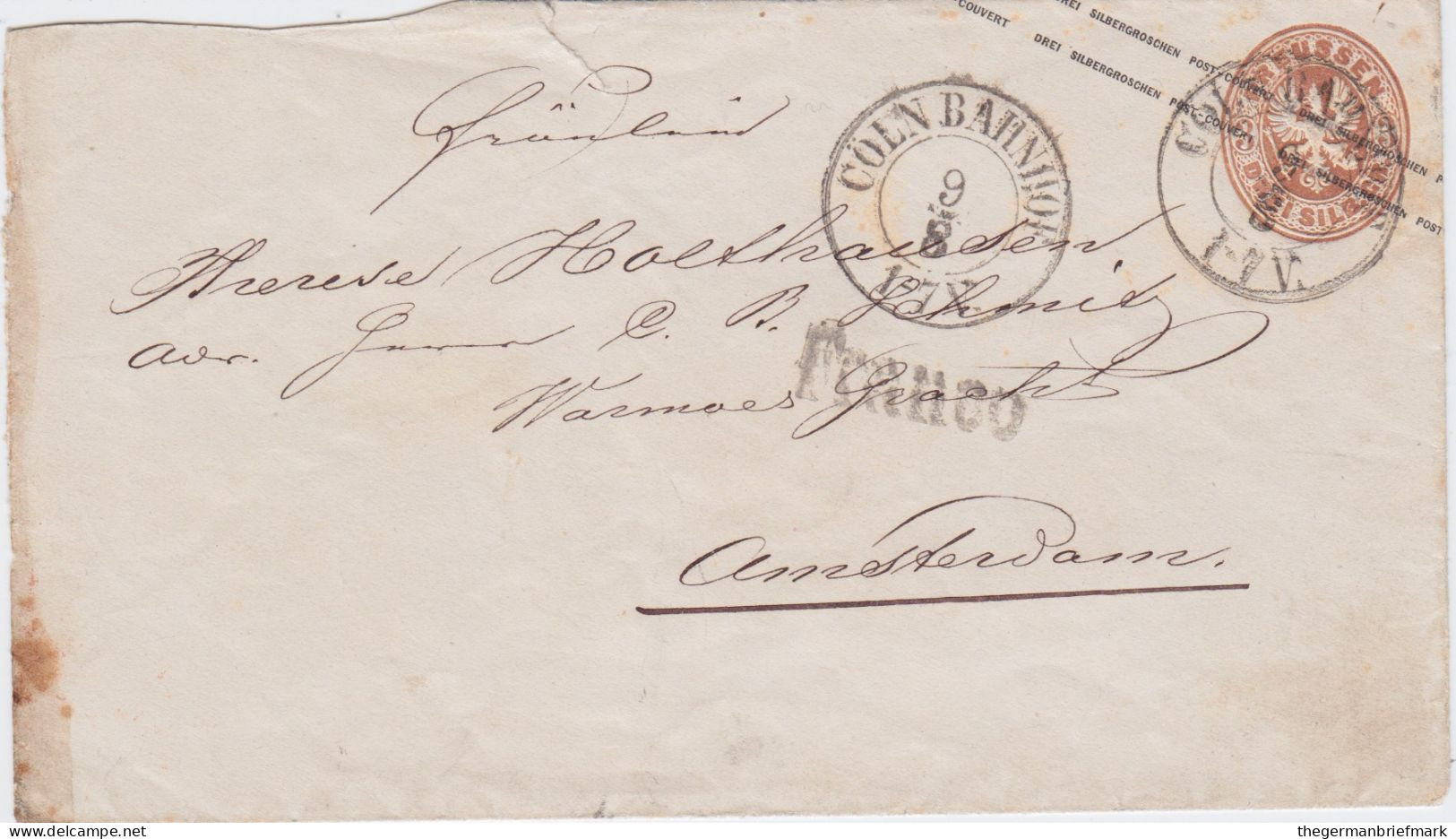 Preußen Ganzsache U 28 A K2 Köln Bahnhof N Amsterdam Niederlande 1865 - Interi Postali