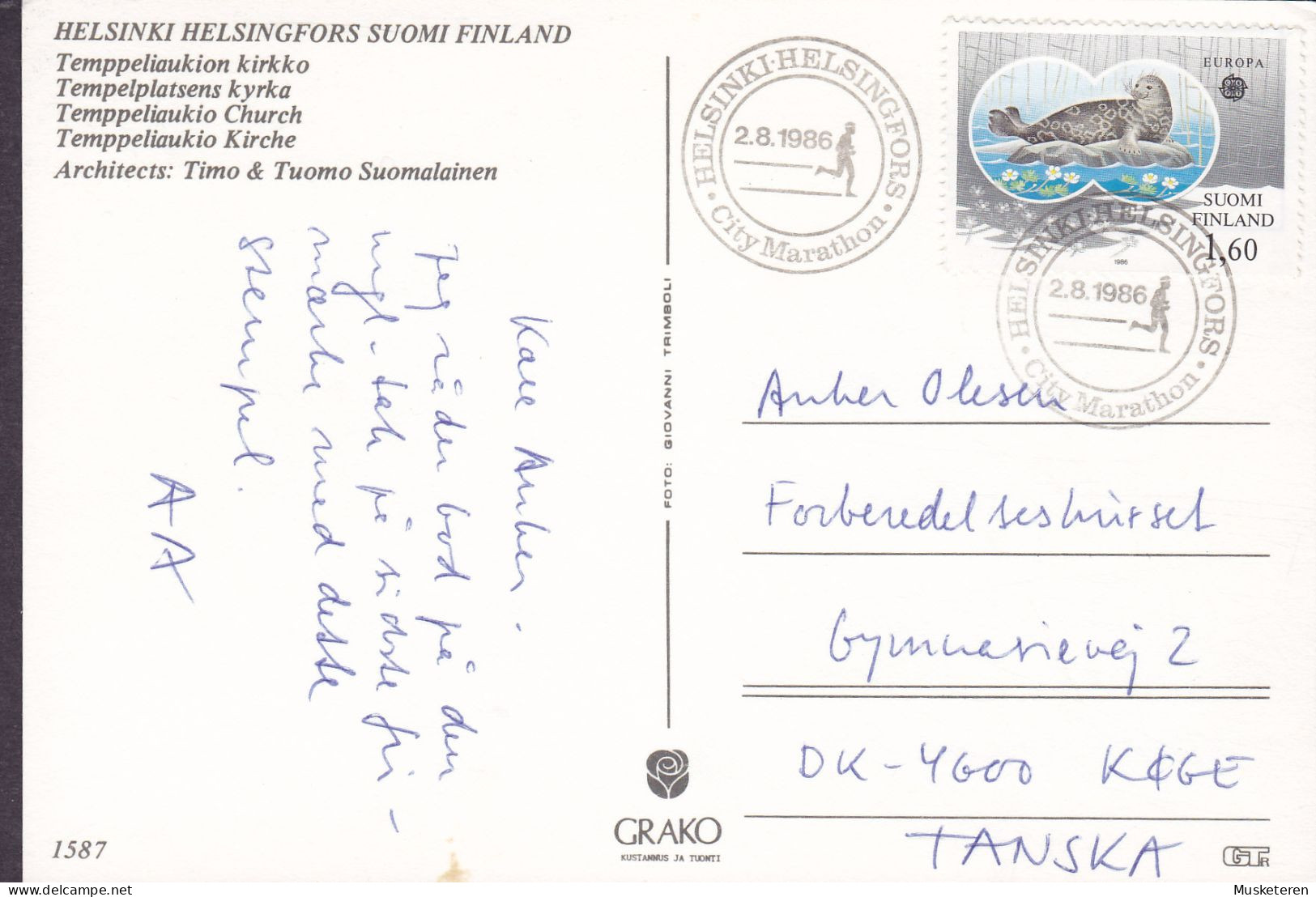 Finland PPC Temppeliaukio Church Kirche Sonderstempel 'City Marathon' HELSINKI Helsingfors 1986 Denmark Europa CEPT Seal - Storia Postale