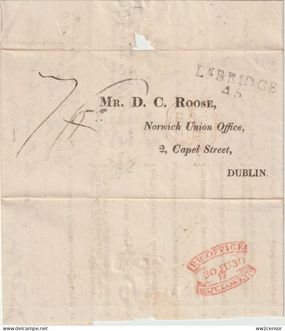 Ireland-Irlande-Irlande - 1817 Scarce Dublin Penny Post Marking From Leighlinbridge LnBRIDGE 45 Mileage - Prephilately