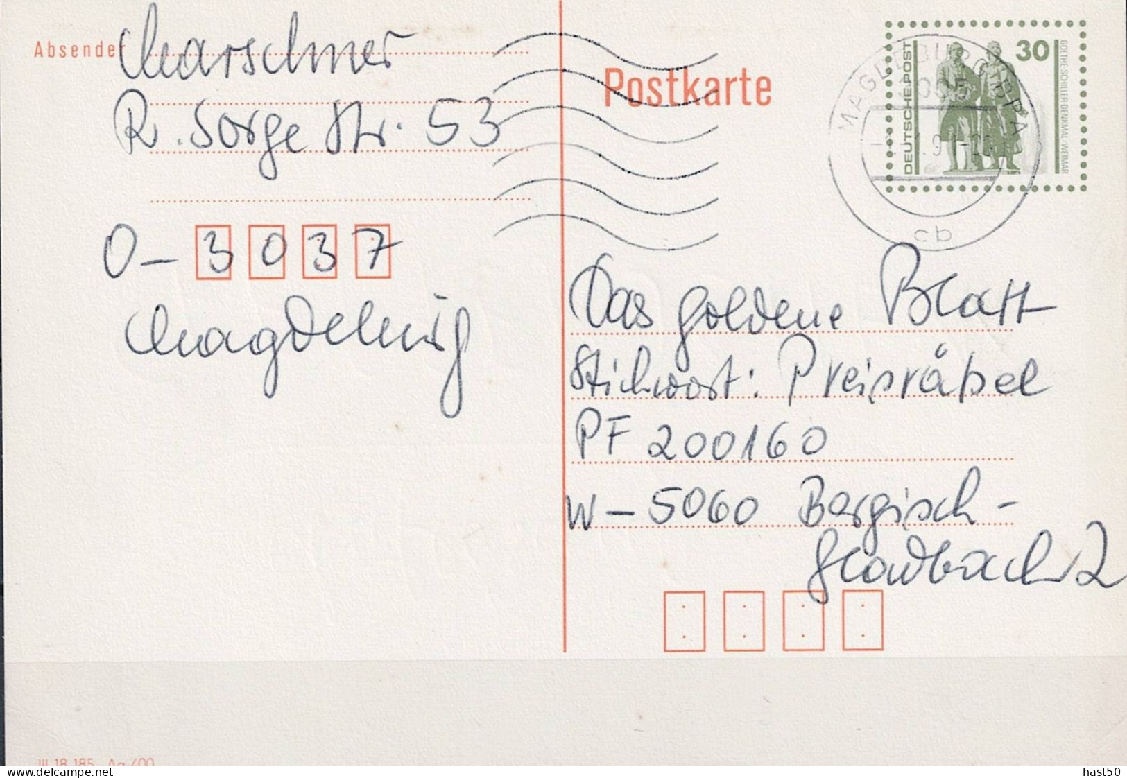 DDR GDR RDA - Postkarte Goethe-Schiller-Denkmal (MiNr: P 107 II) 1990 - Gelaufen - Postcards - Used