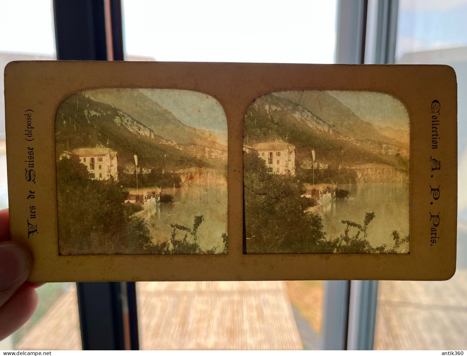 Photographie Ancienne Vue Stéréoscopique à Système Colorisée Vue De Suisse Lac à Identifier Collection A.P. Paris - Stereoscopic