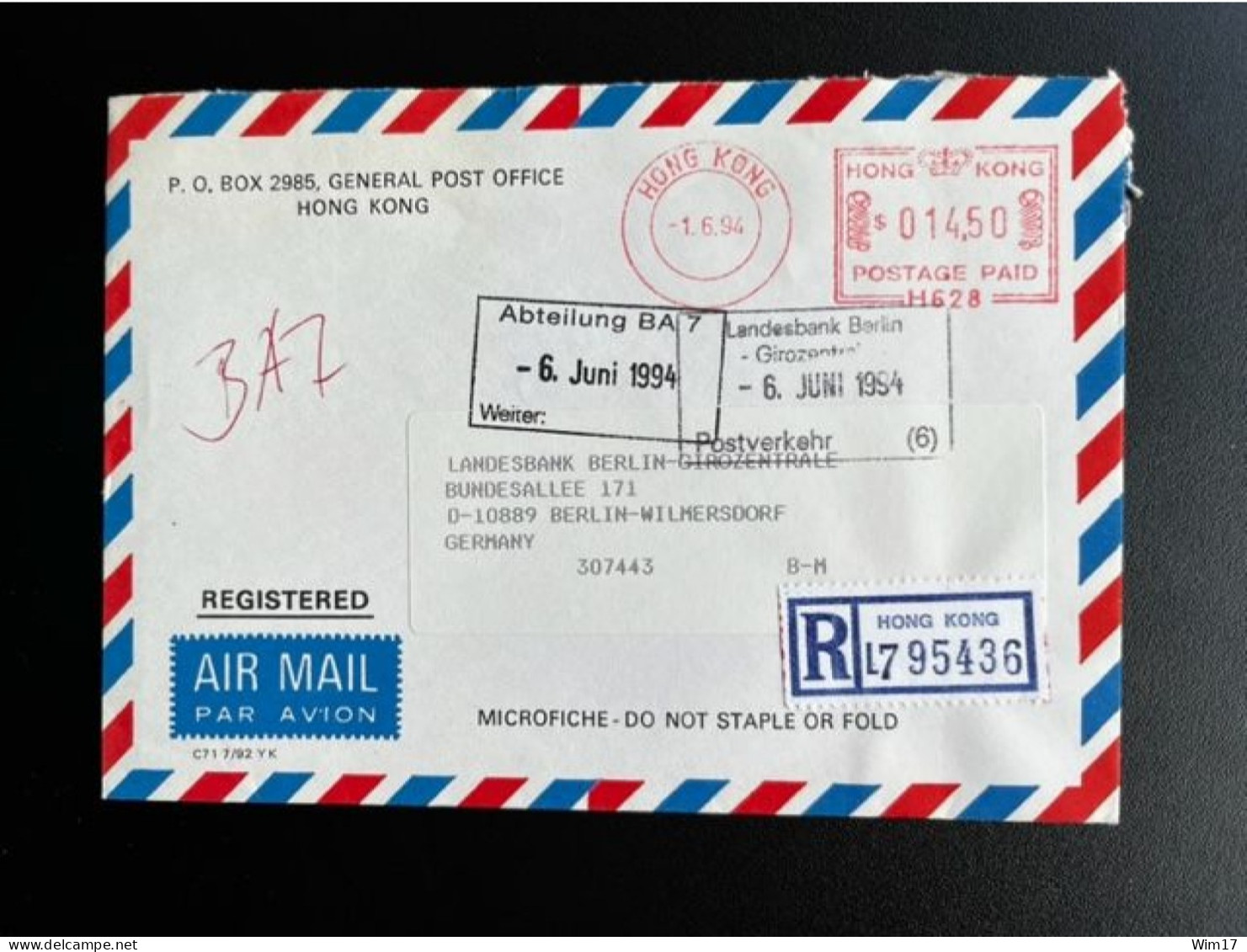 HONG KONG 1994 REGISTERED AIR MAIL LETTER TO BERLIN 01-06-1994 - Covers & Documents