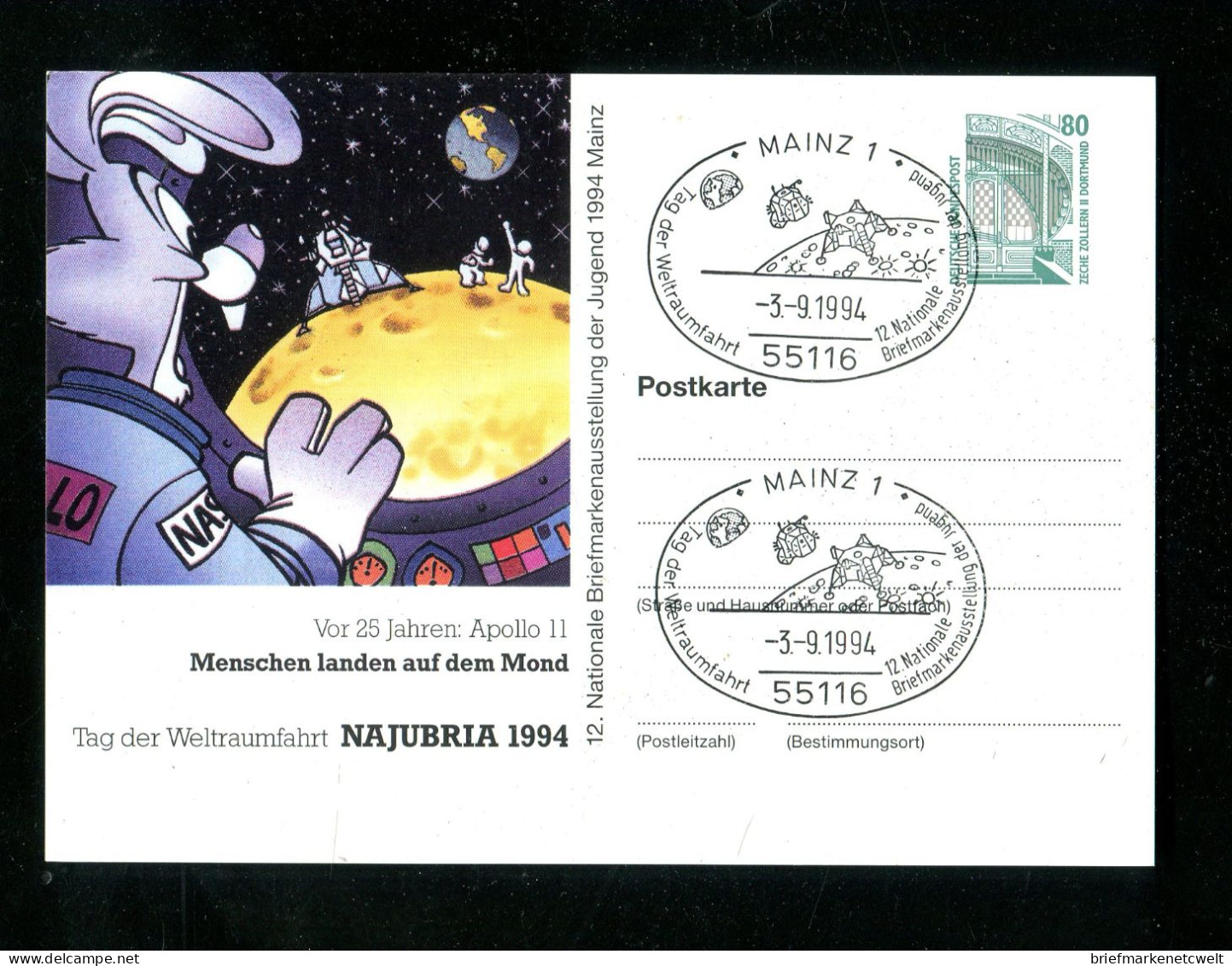 "BUNDESREPUBLIK DEUTSCHLAND" 1994, Privatpostkarte "Menschen Landen Auf Dem Mond" SSt. "Mainz" (16365) - Privatpostkarten - Gebraucht