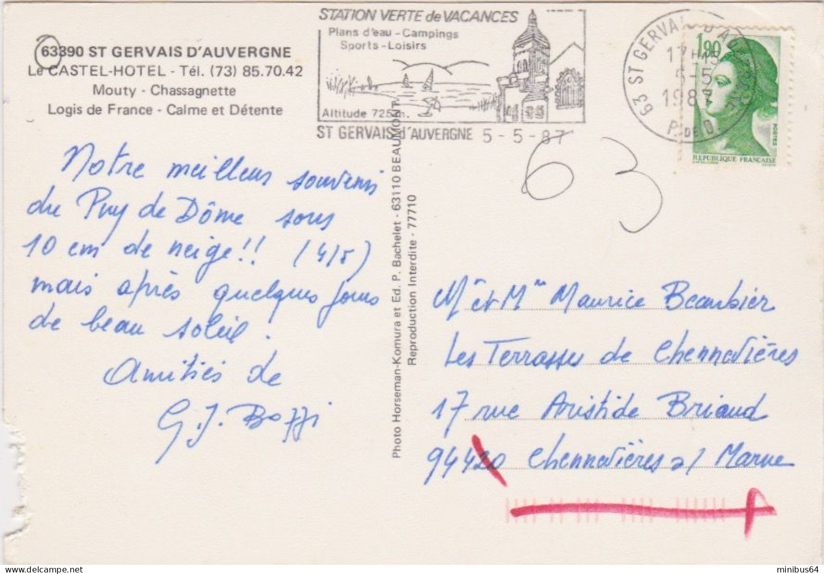 SAINT-GERVAIS D'AUVERGNE (63) - Le Castel Hotel - Horseman - 1987 - Saint Gervais D'Auvergne