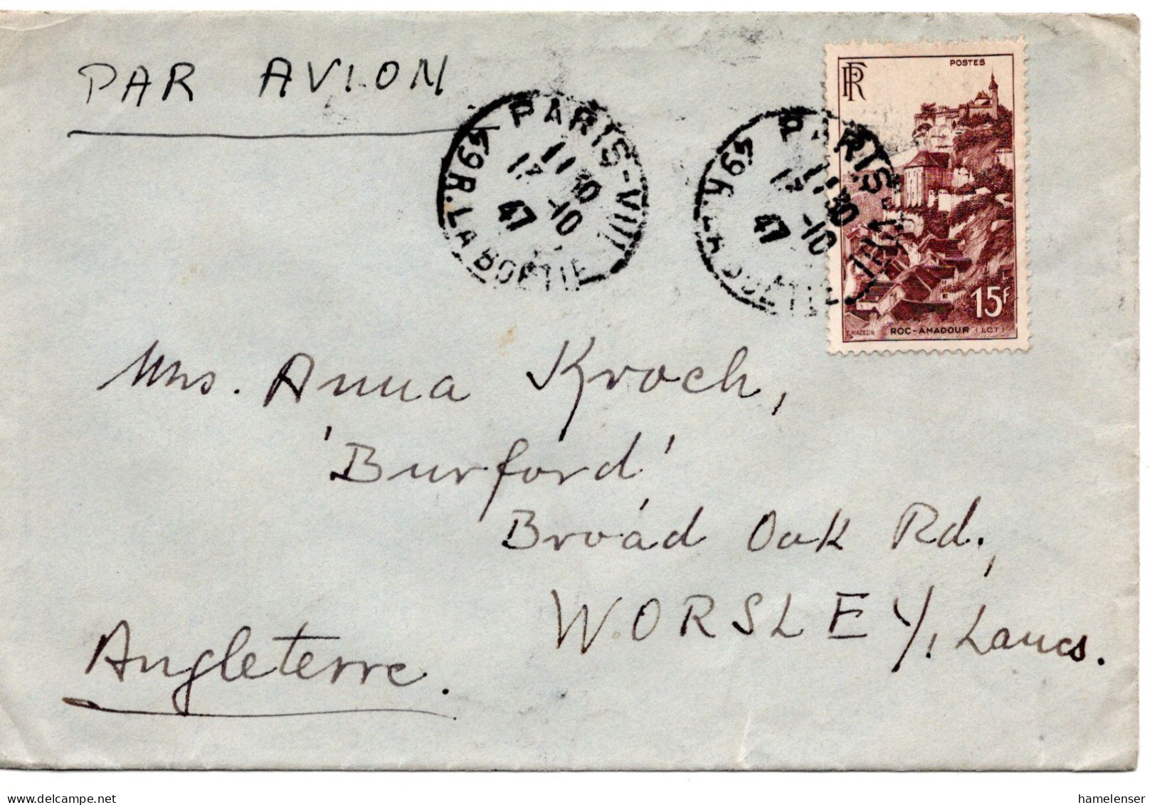 67142 - Frankreich - 1947 - 15F Roc EF A LpBf PARIS -> Grossbritannien - Lettres & Documents