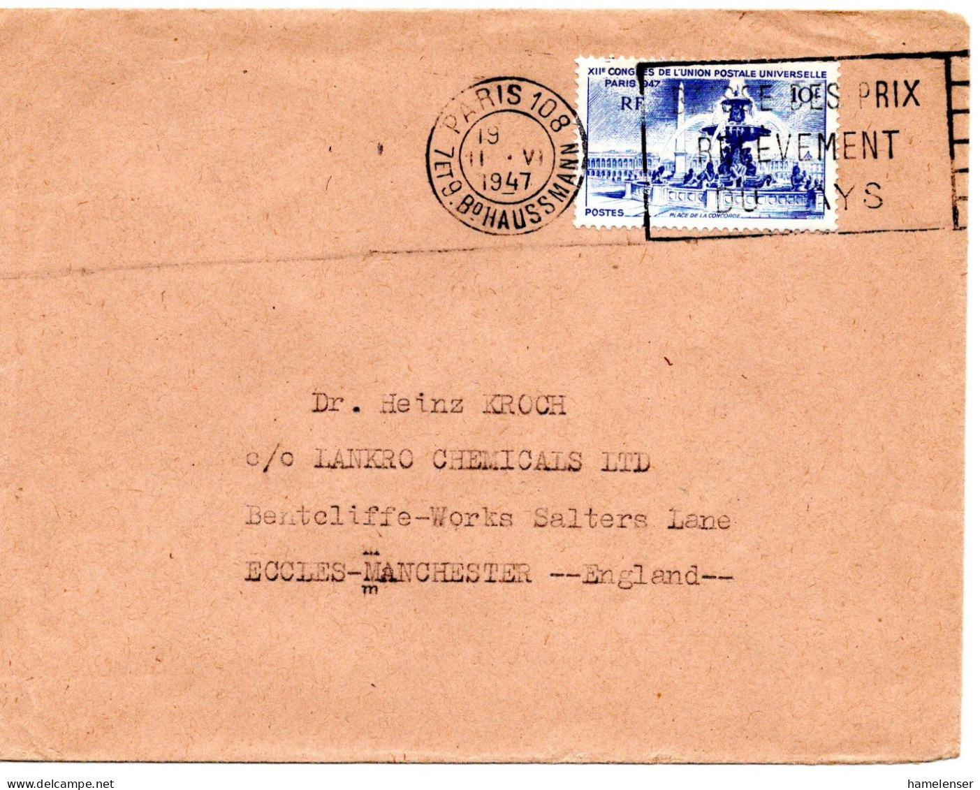 67146 - Frankreich - 1947 - 10F XII.UPU-Kongress EF A Bf PARIS - ... -> Grossbritannien - U.P.U.