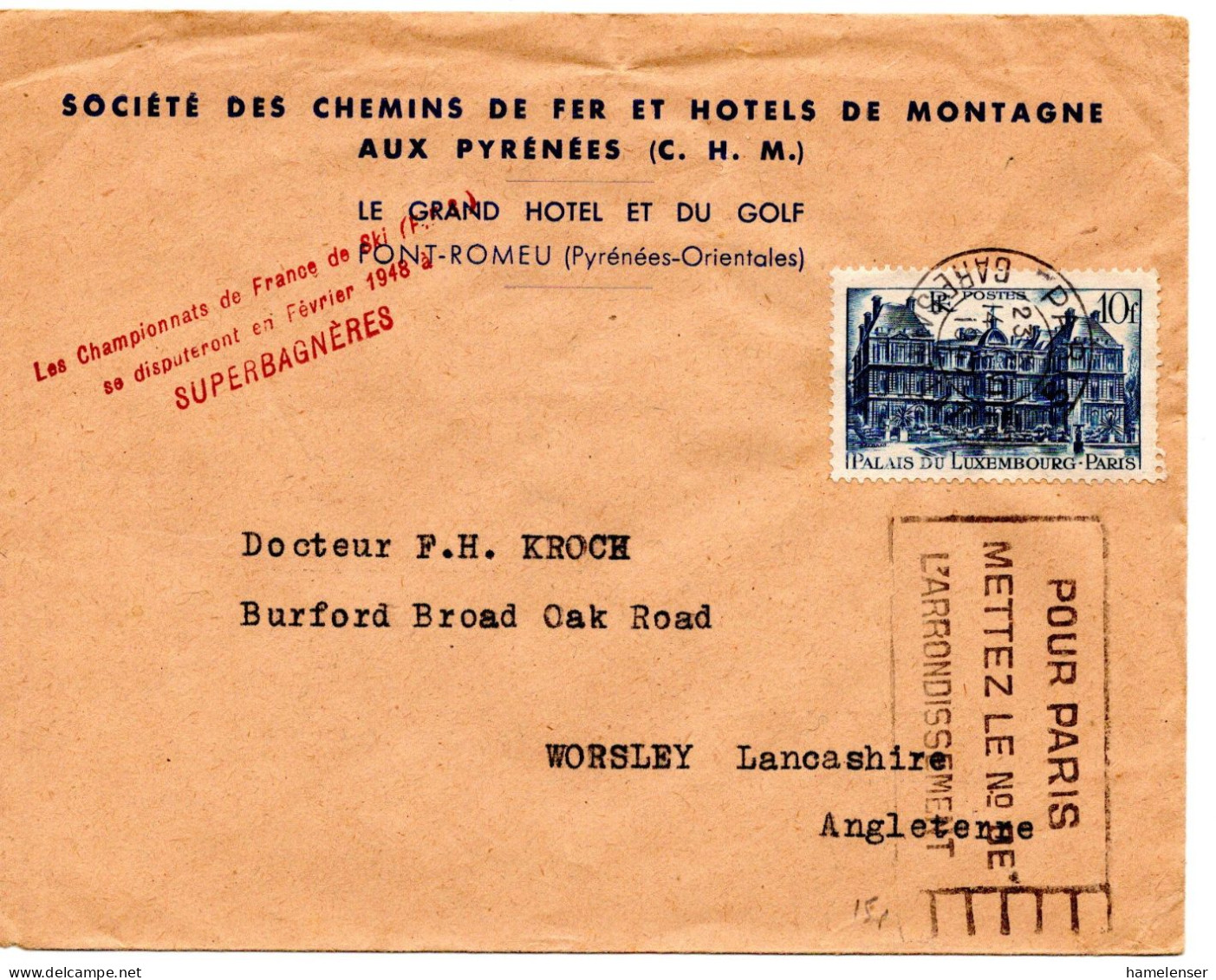 67147 - Frankreich - 1947 - 10F Palais Du Luxembourg EF A Bf PARIS - ... -> Grossbritannien - Lettres & Documents