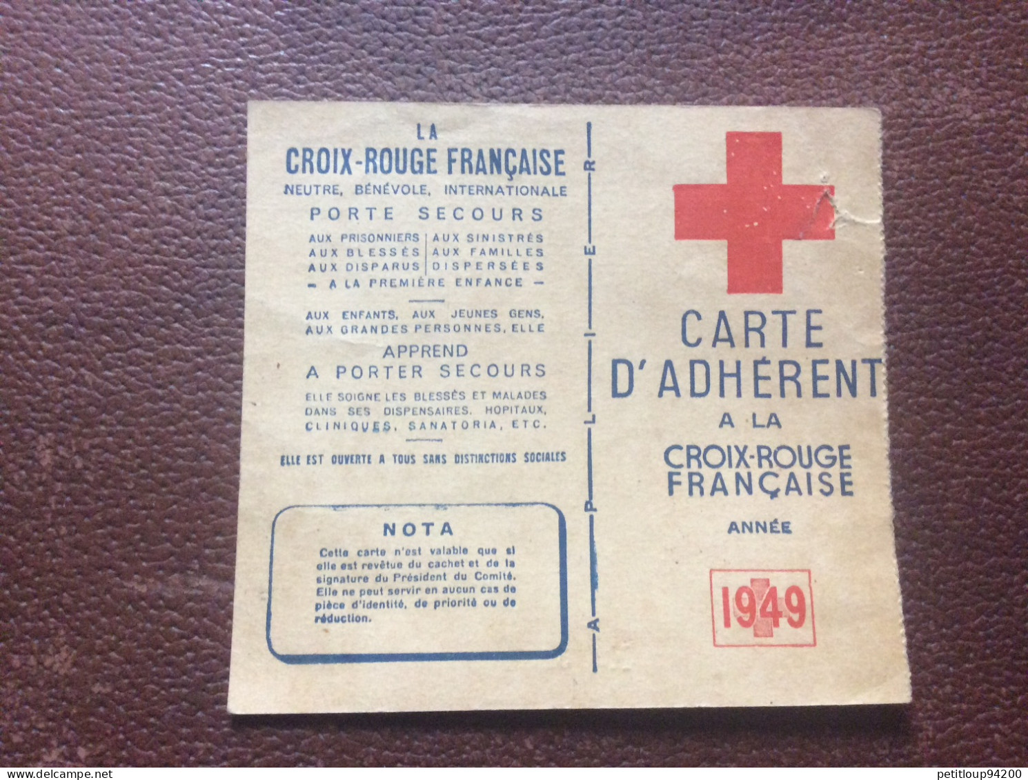 CROIX ROUGE FRANÇAISE  Carte D’Adherent  ANNÉE 1949 - Cruz Roja
