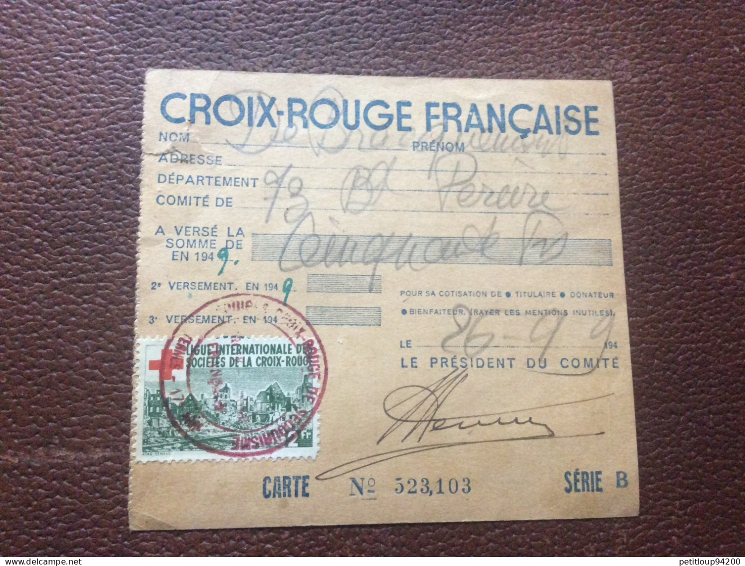CROIX ROUGE FRANÇAISE  Carte D’Adherent  ANNÉE 1949 - Rode Kruis