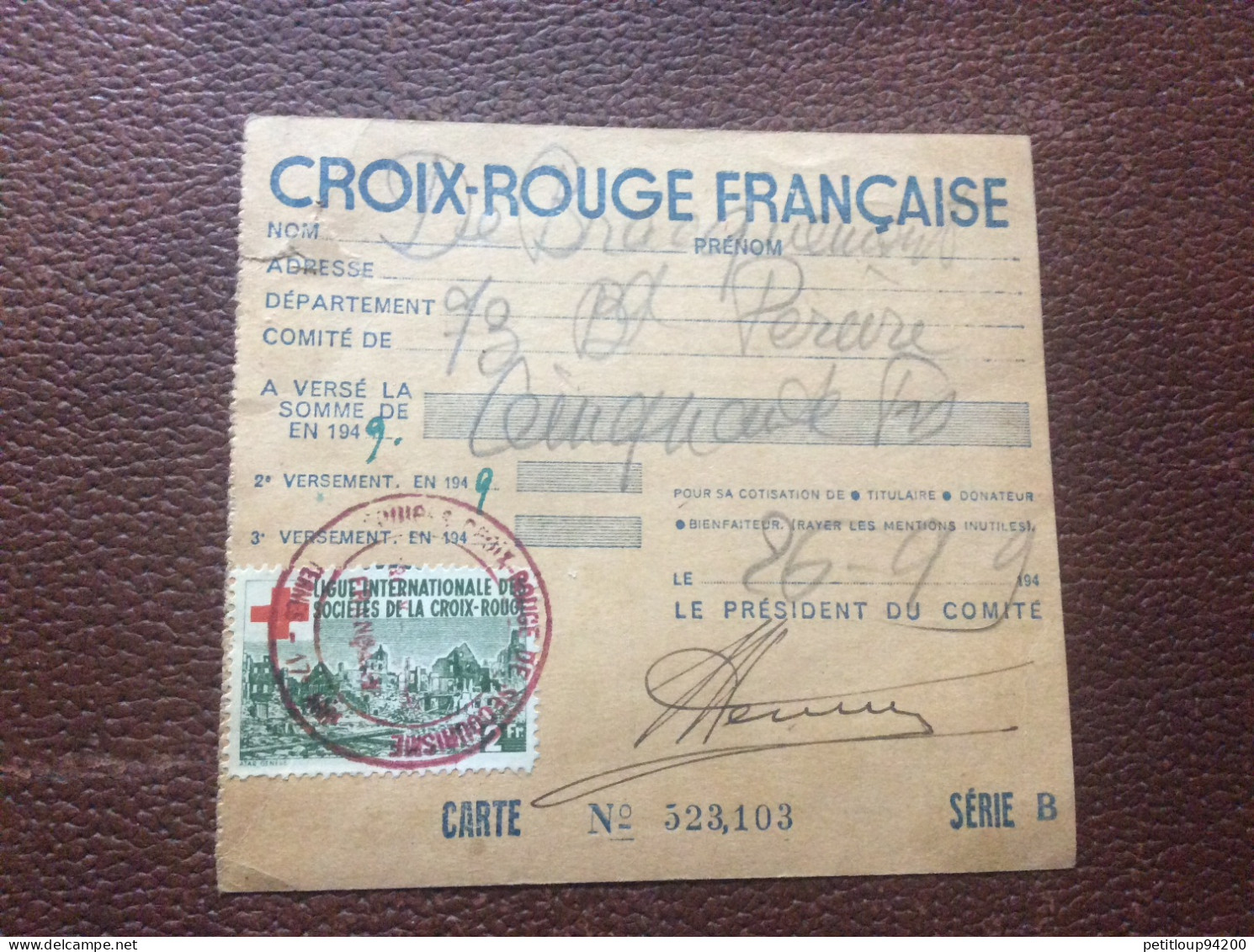 CROIX ROUGE FRANÇAISE  Carte D’Adherent  ANNÉE 1949 - Red Cross