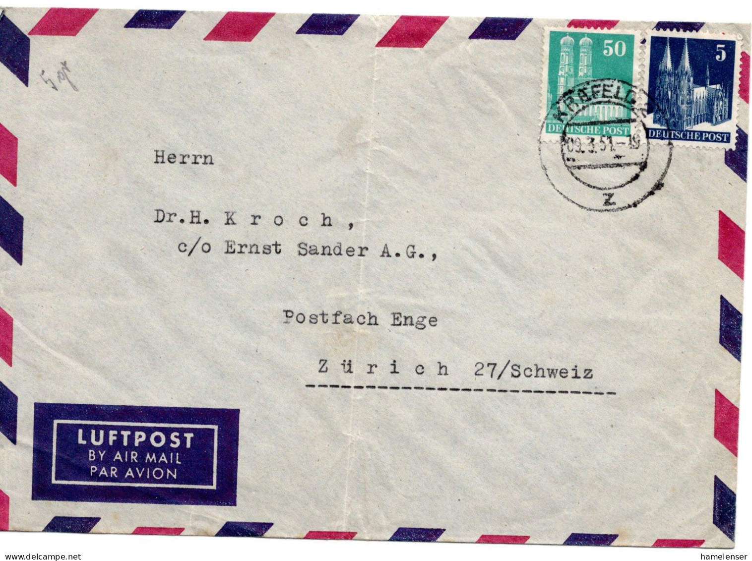 67148 - Bund - 1951 - 50Pfg Bauten MiF A LpBf (senkr Bug, Marken OK) KREFELD -> Schweiz - Sonstige & Ohne Zuordnung