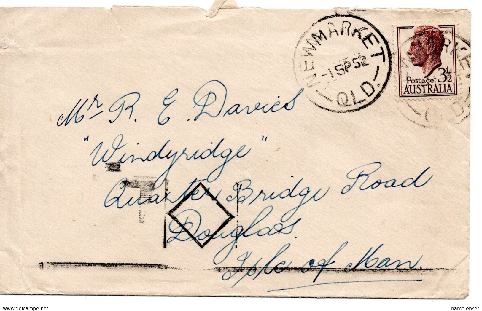 67151 - Australien - 1952 - 3,5d KGVI EF A Bf NEWMARKET -> Isle Of Man (Grossbritannien) - Covers & Documents