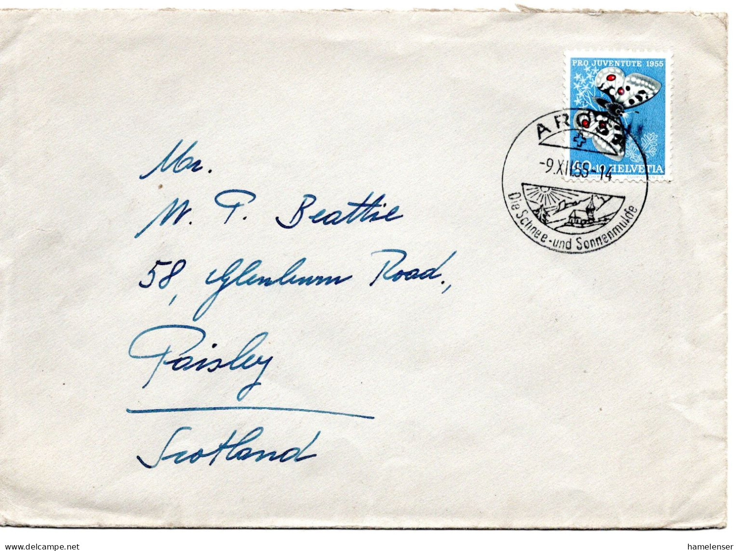 67162 - Schweiz - 1955 - 50Rp Pro Juventute '55 EF A Bf AROSA - ... -> Grossbritannien - Schmetterlinge