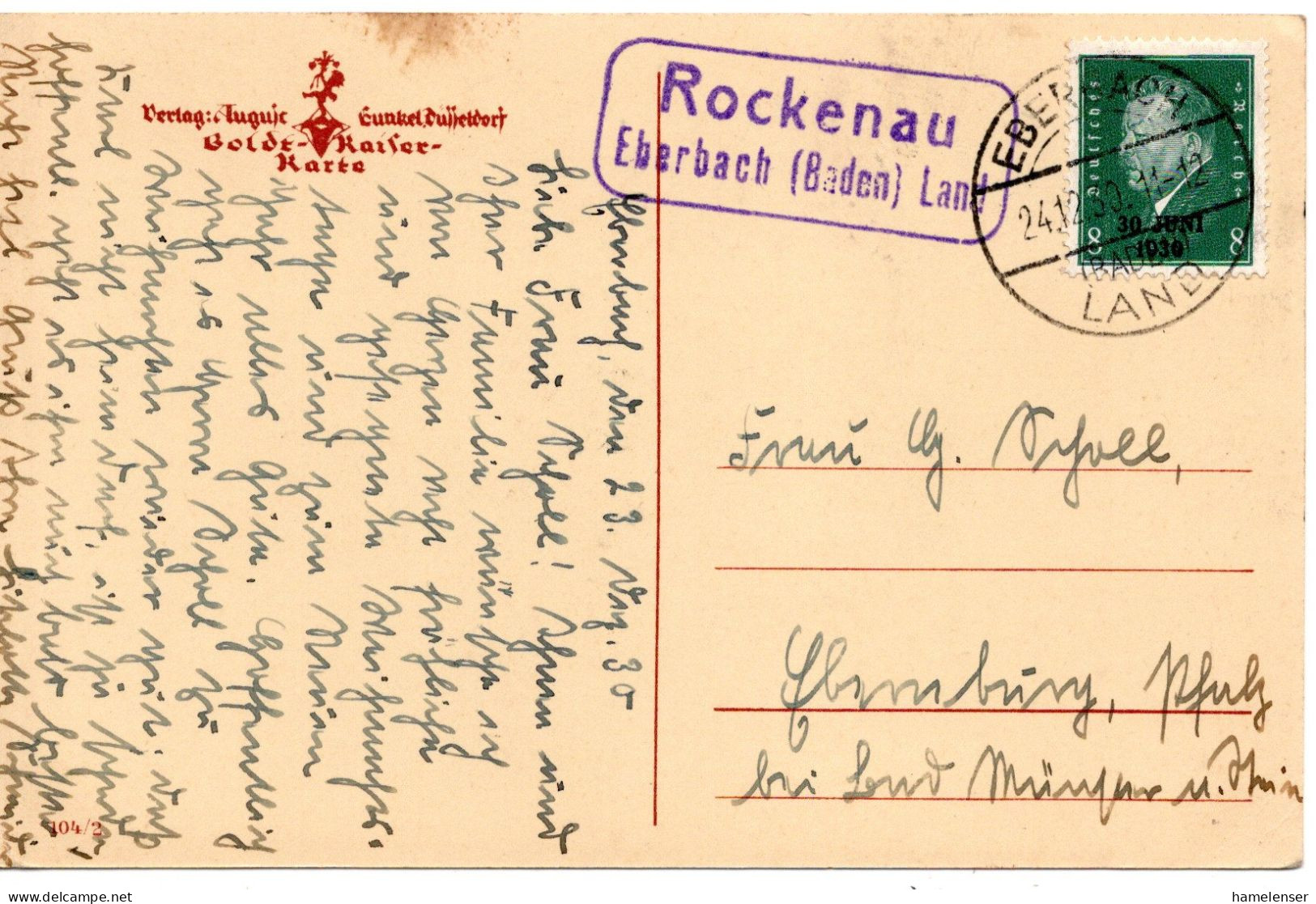 67176 - Deutsches Reich - 1930 - 8Pfg Besatzungsende EF A AnsKte Landpoststpl ROCKENAU -> EBERBACH -> Ebernburg - Lettres & Documents