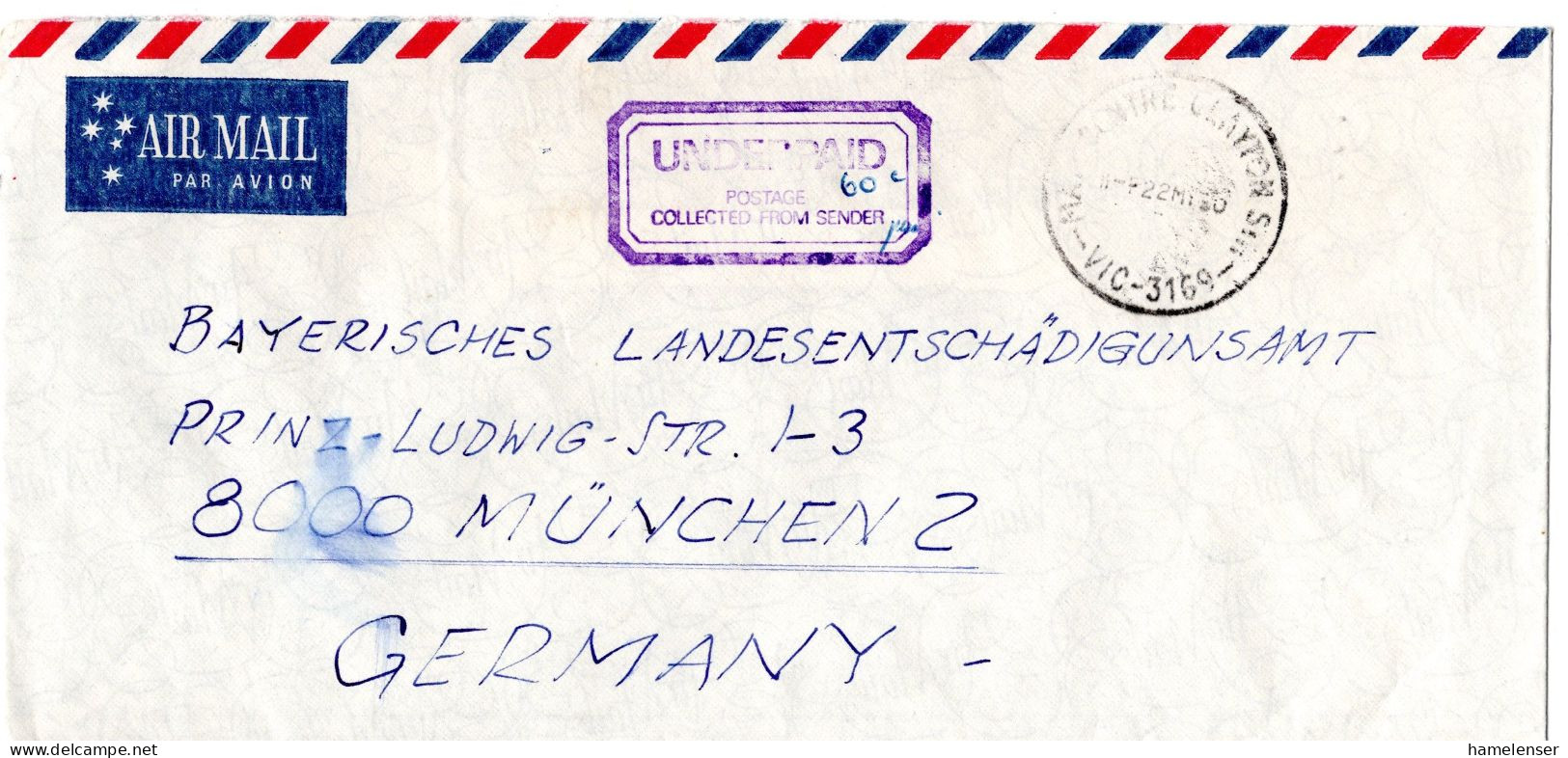 L67179 - Australien - 1980 - Unfrank LpUmschl CLAYTON -> Westdeutschland, M Stpl "Underpaid - Postage Collected ..." - Storia Postale