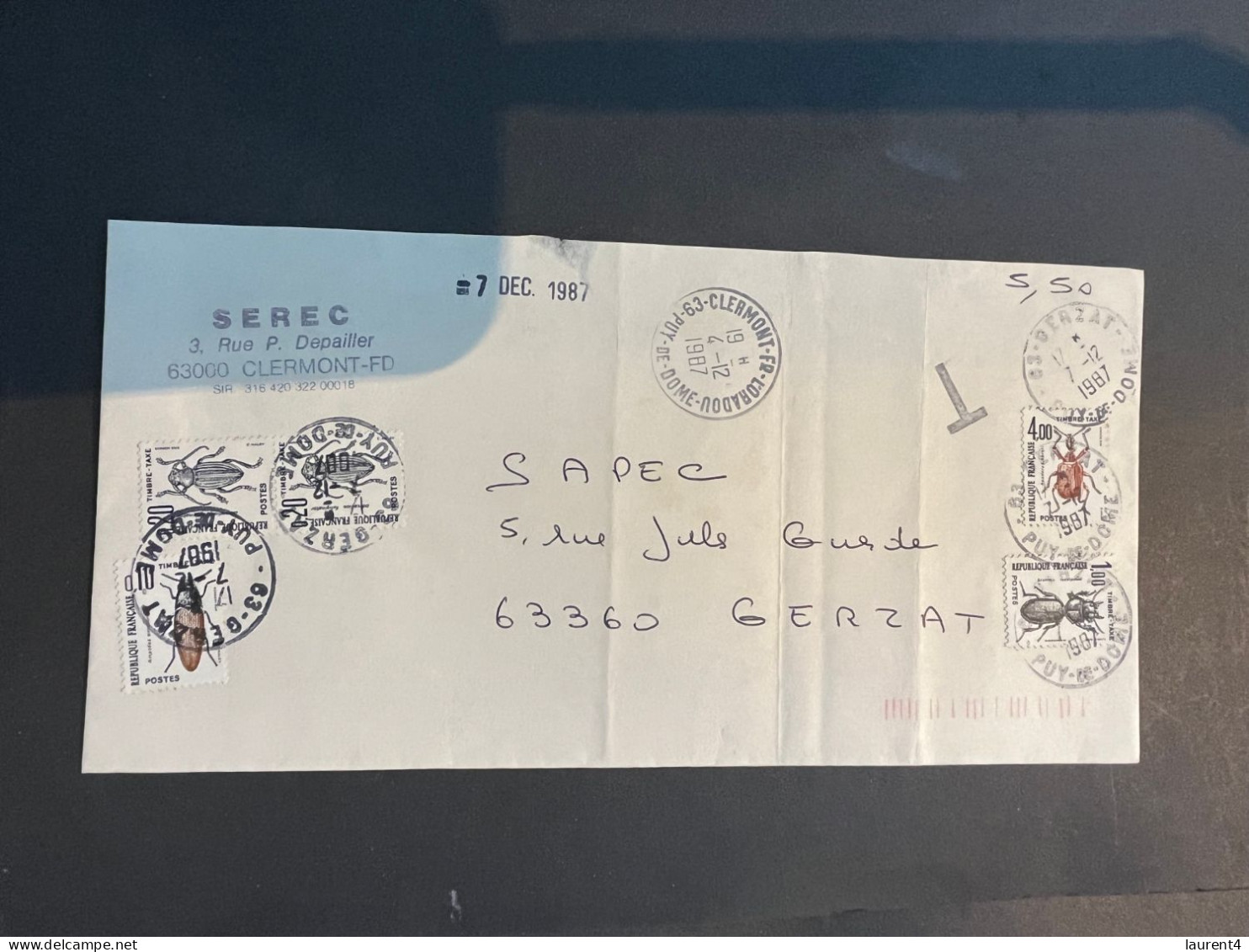 (4 R 3) France - Letter Posted In France Without Stamp 1987 And TAXED )(posted Sans Timbres Et TAXEE) Insectes - 1960-.... Usati