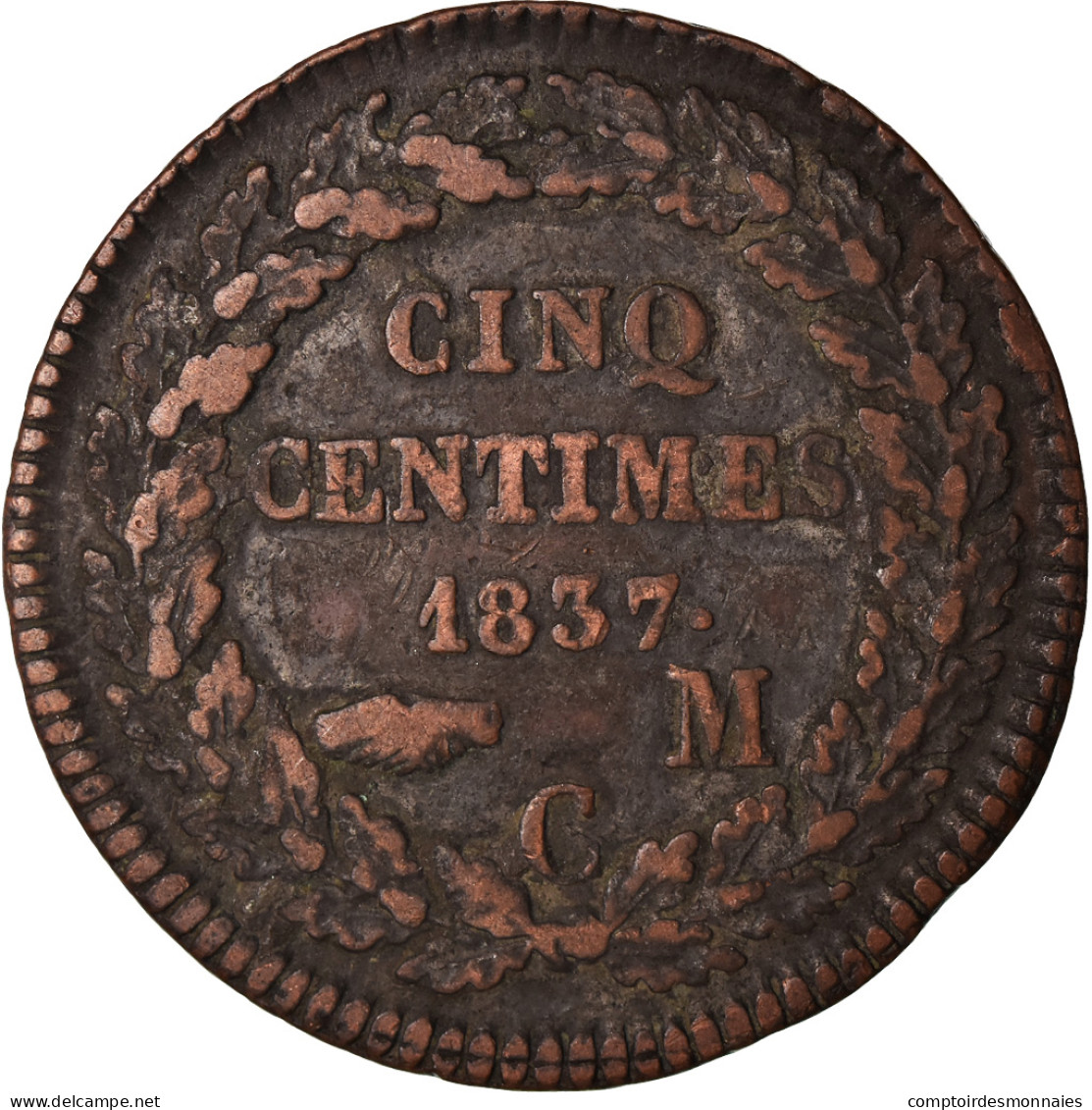 Monnaie, Monaco, Honore V, 5 Centimes, Cinq, 1837, Monaco, TB, Cuivre - Charles III.