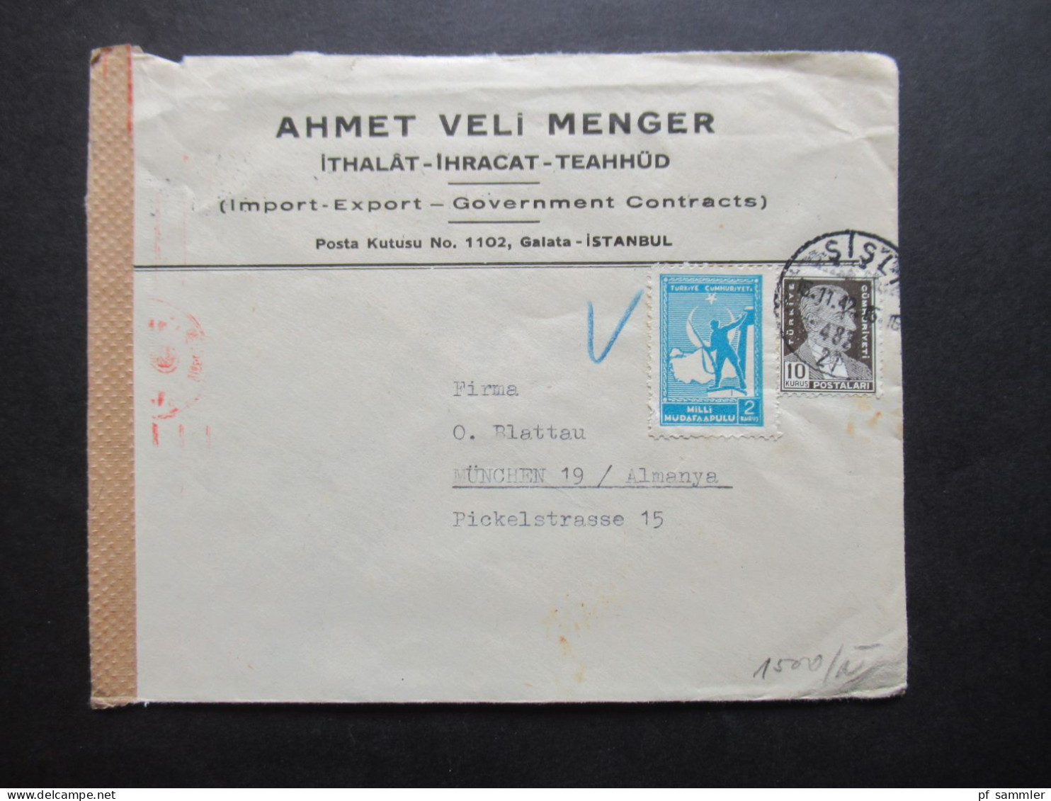 Türkei 1942 Zensurbeleg / Zensurstempel Und Verschlussstreifen Umschlag Ahmet Veli Menger Istanbul - München - Lettres & Documents