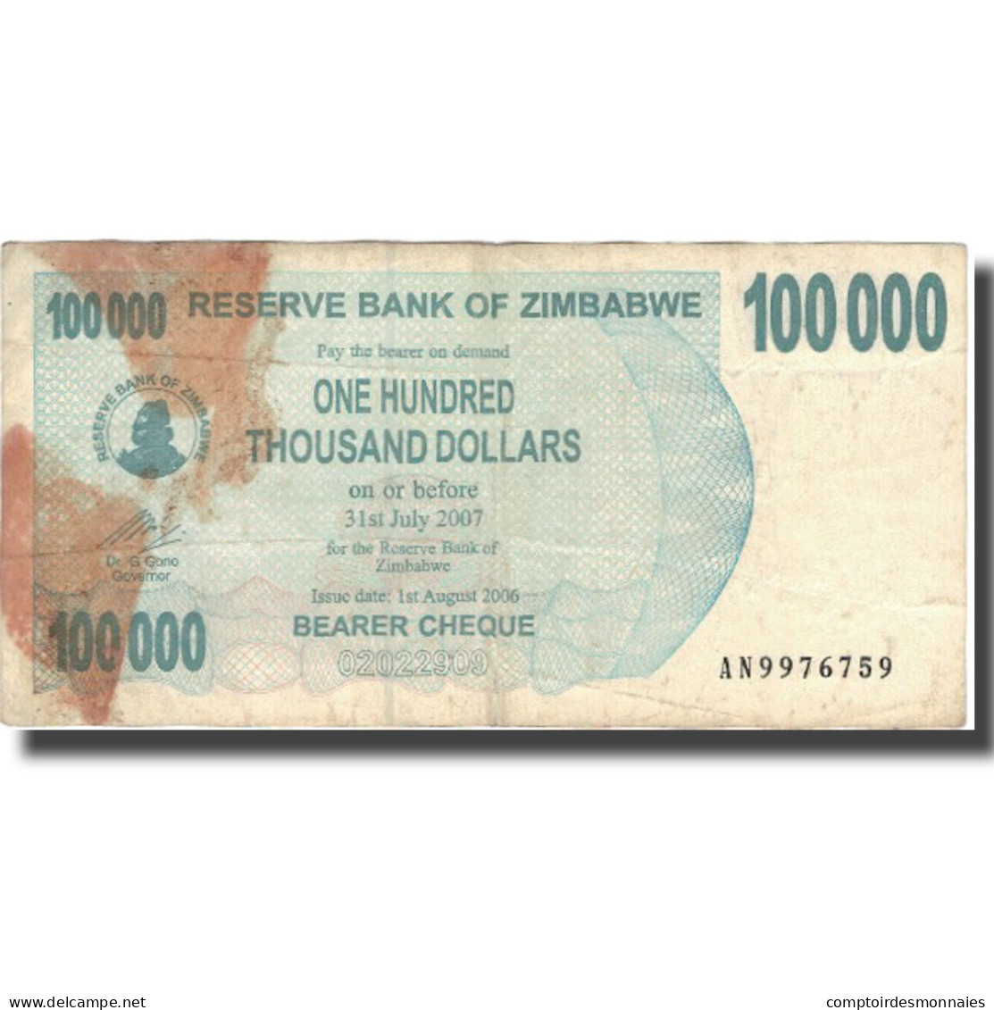 Billet, Zimbabwe, 100,000 Dollars, 2007, 2007-07-31, KM:48b, B - Zimbabwe