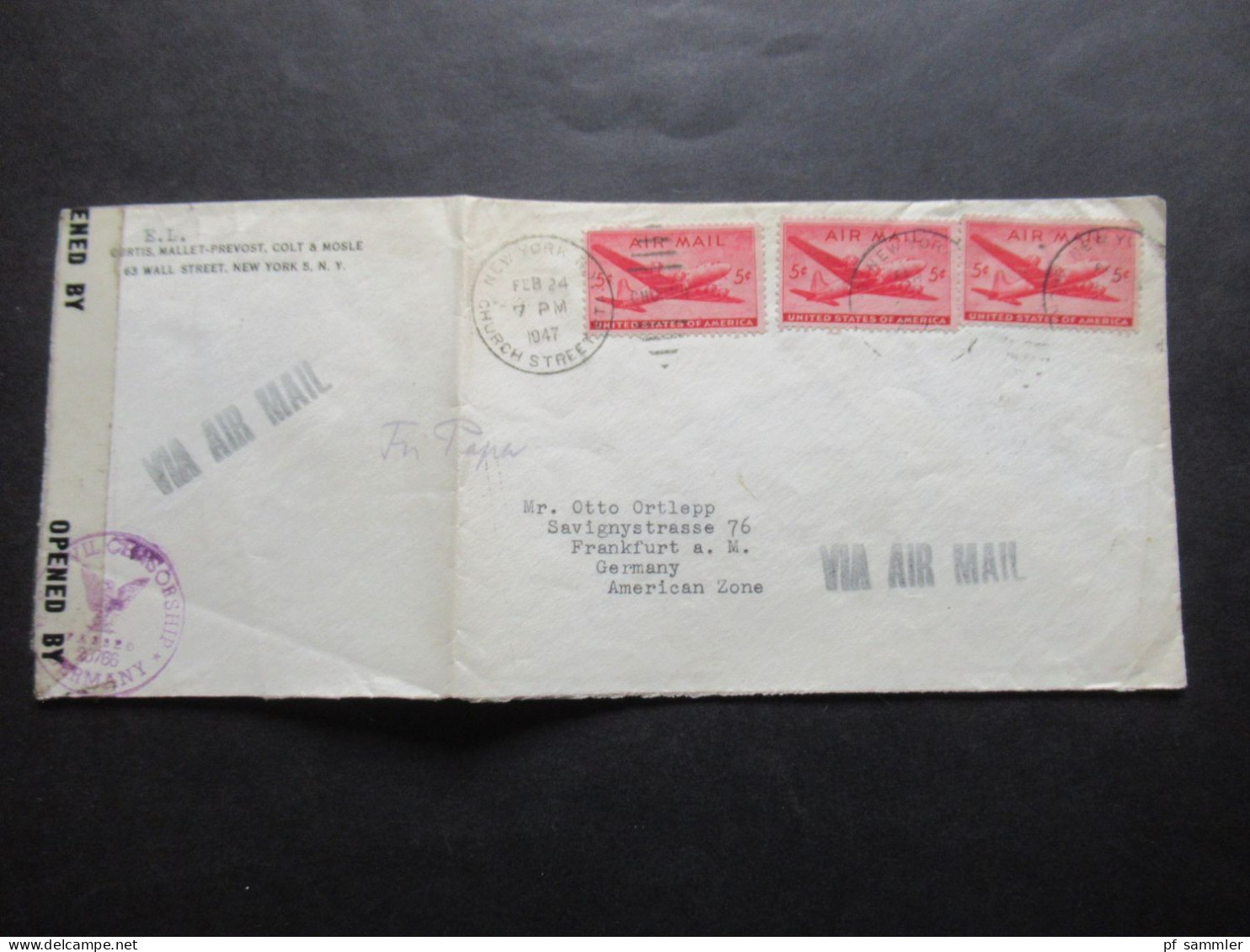 USA 1947 Zensurbeleg / Verschlussstreifen Opened By Civil Mails / Censorship Passed 20766 Germany NY - FFM Air Mail - Briefe U. Dokumente