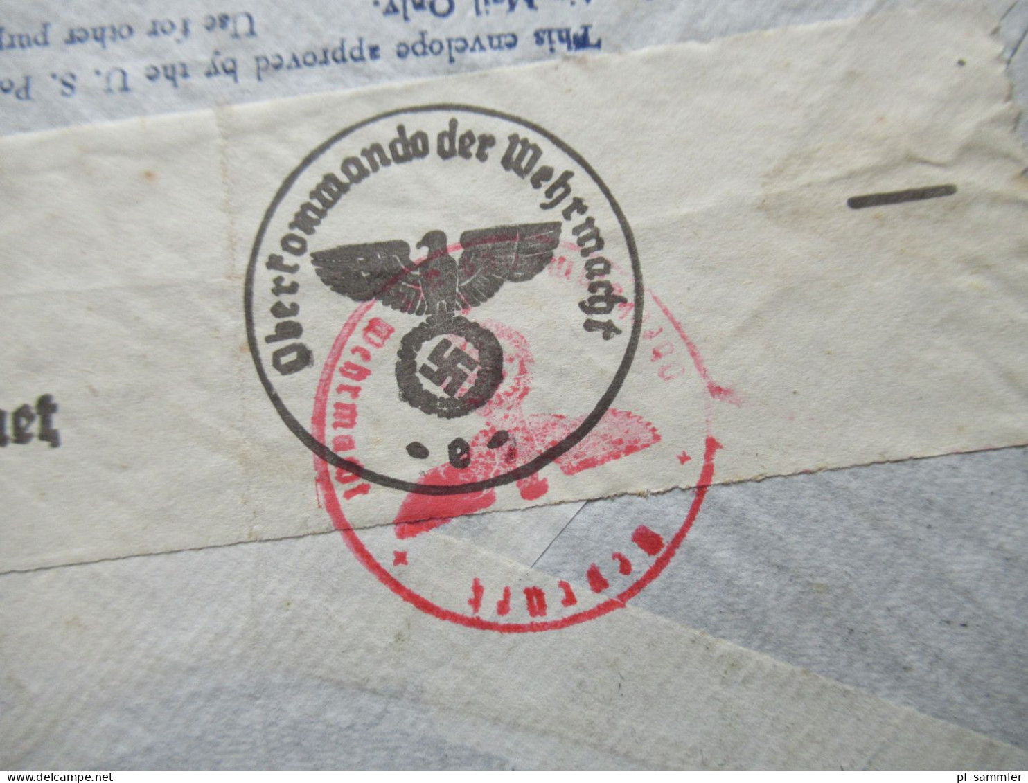 USA / 3.Reich Um 1940 Zensurbeleg Verschlussstreifen Geöffnet OKW Zensur / Roter Stempel Geprüft Air Mail Trans Atlantic - Covers & Documents