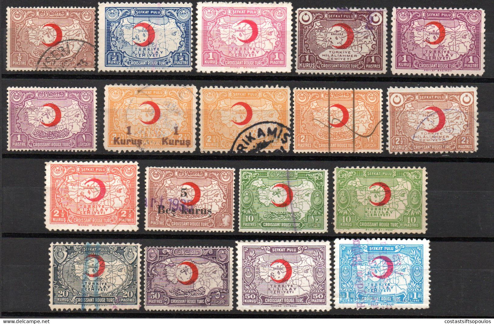 1535. TURKEY.1928-1946.18 DIFFERENT POSTAL TAX STAMPS LOT.RED CRESCENT,MAP,5 SCANS - Other & Unclassified