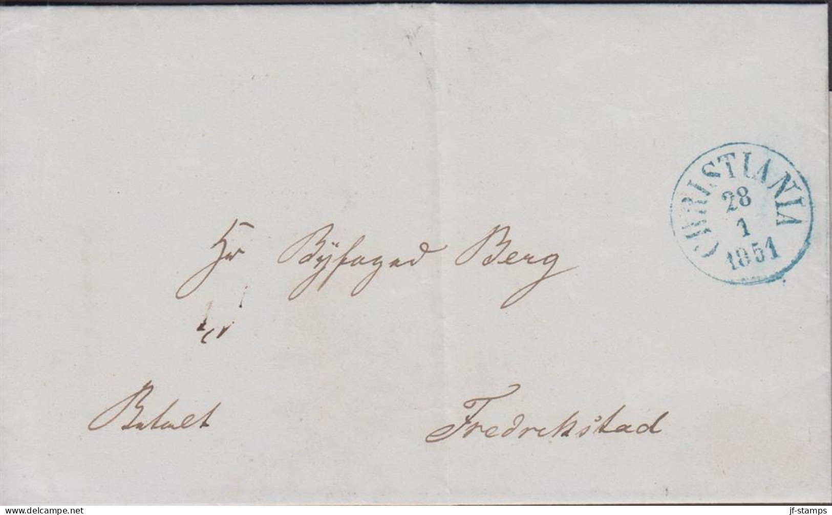 1851. NORGE. Small Cover To Frederikstad Cancelled CHRISTIANIA 28 1 1851 In Blue. Manuscript: Betalt (Paid... - JF440332 - ...-1855 Voorfilatelie