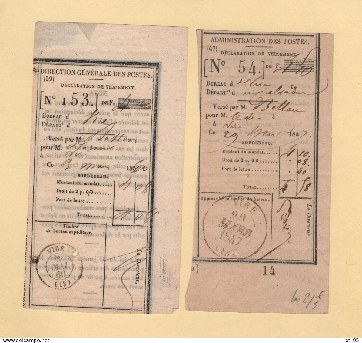 Vire - 13 - Calvados - Lot De 2 Declarations De Versement - 1847-1860 - 1801-1848: Precursors XIX