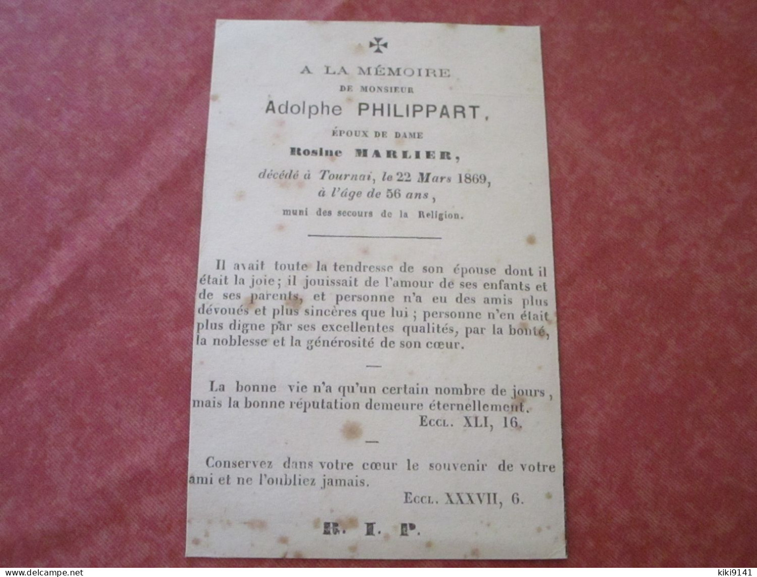 A La Mémoire De Mr Adolphe PHILIPPART Décédé à L'âge De 56ans - Doornik