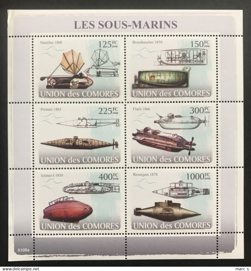 COMORES 2008 - NEUF**/MNH - Série Complète Mi 1910/1915 - SOUS MARINS - Comores (1975-...)