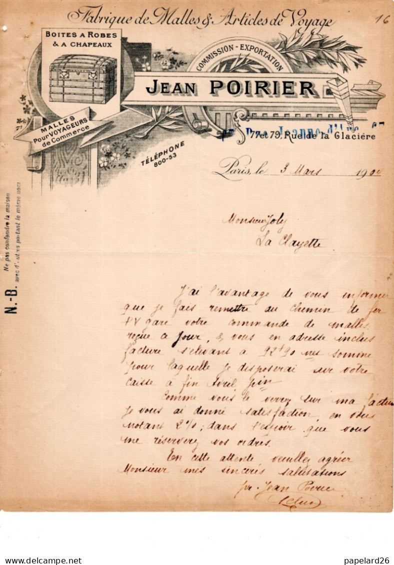 SEINE PARIS  ARTICLES DE VOYAGE J POIRIER ANNEE 1904 TROUS ARC HIVES F A4 - Sport En Toerisme