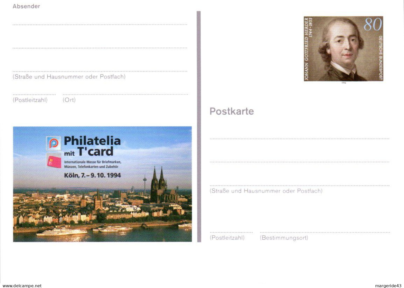 ALLEMAGNE ENTIER CARTE NEUF PHILATELIA UND CARD KÖLN 1994 - Cartes Postales Privées - Neuves