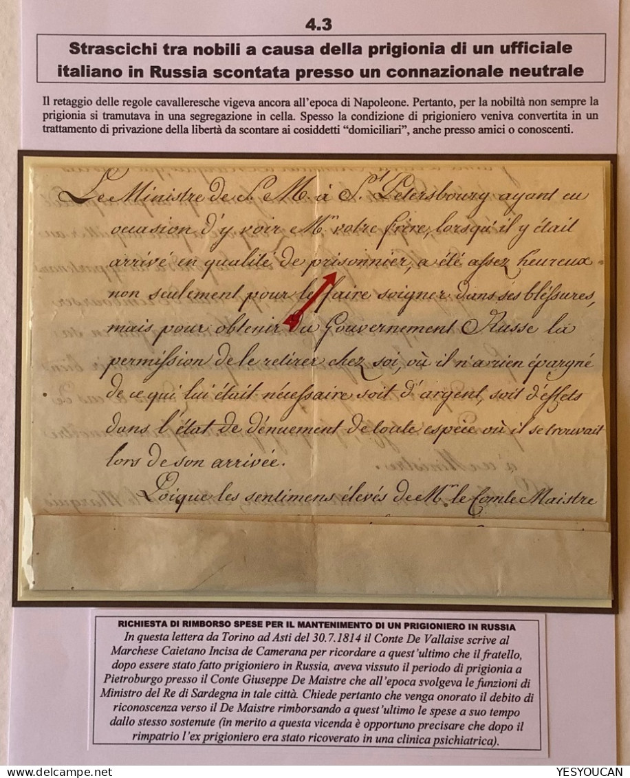 Grande Armée PRISONNIER INCISA DI CAMERANA1814+Comte De Vallaise(Russia Napoléon St Petersburg Italia Torino POW Maistre - Sellos De La Armada (antes De 1900)