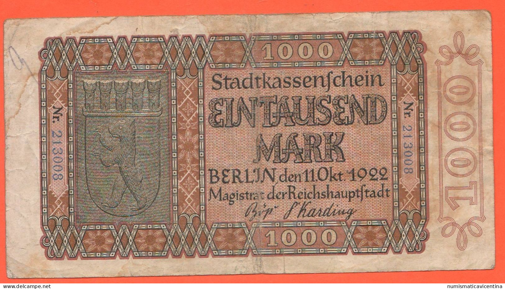 1000 Mark 1922 BERLIN NOTGELD Germania Germany Stdtgemeinde Deutschland - Ohne Zuordnung