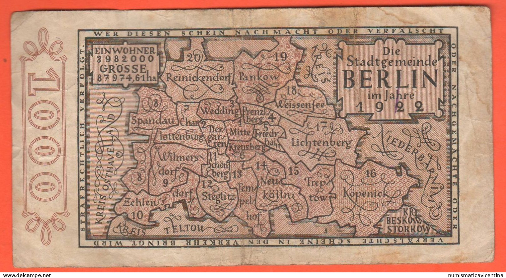 1000 Mark 1922 BERLIN NOTGELD Germania Germany Stdtgemeinde Deutschland - Ohne Zuordnung