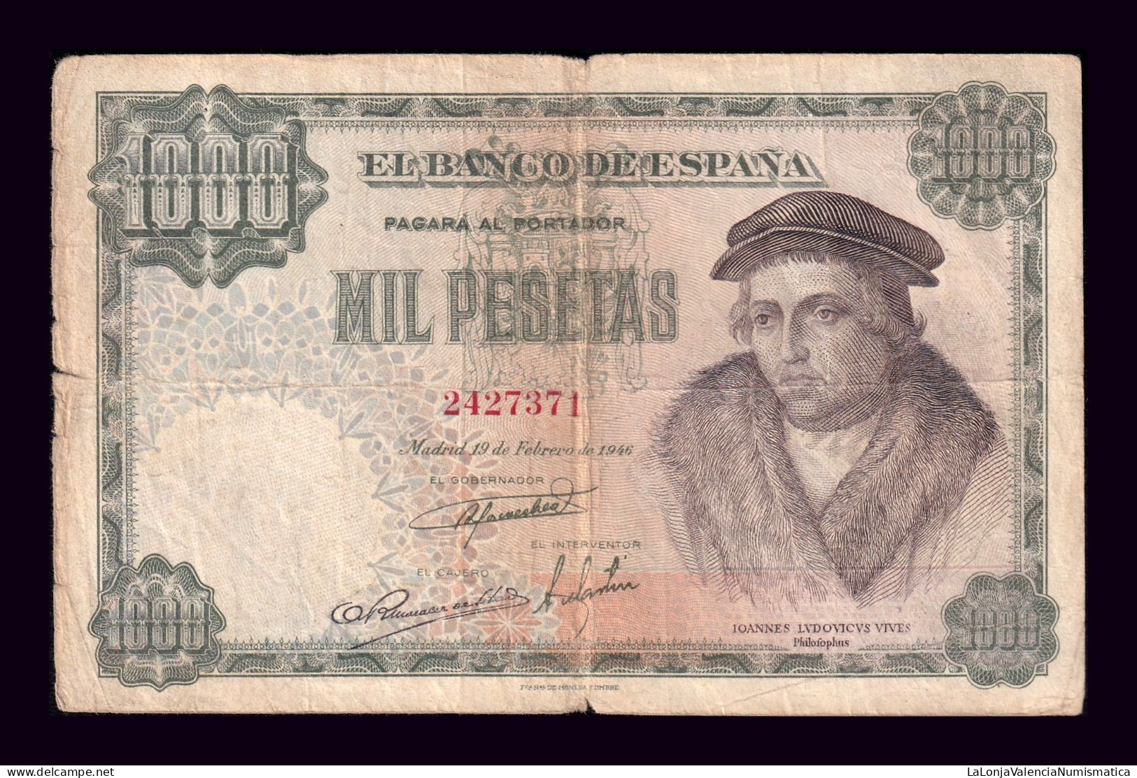 España Spain 1000 Pesetas Luis Vives 1946 Pick 133 Sin Serie Bc F - 1000 Pesetas