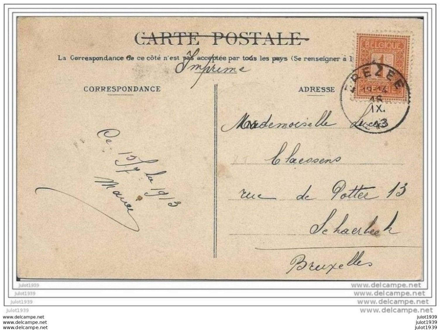 EREZEE ..--  Le Thier De SAWHEUX . SCENE CHAMPETRE . 1913 Vers SCHAERBEEK ( Melle Lucie CLAESSENS ) . Voir Verso . - Erezée