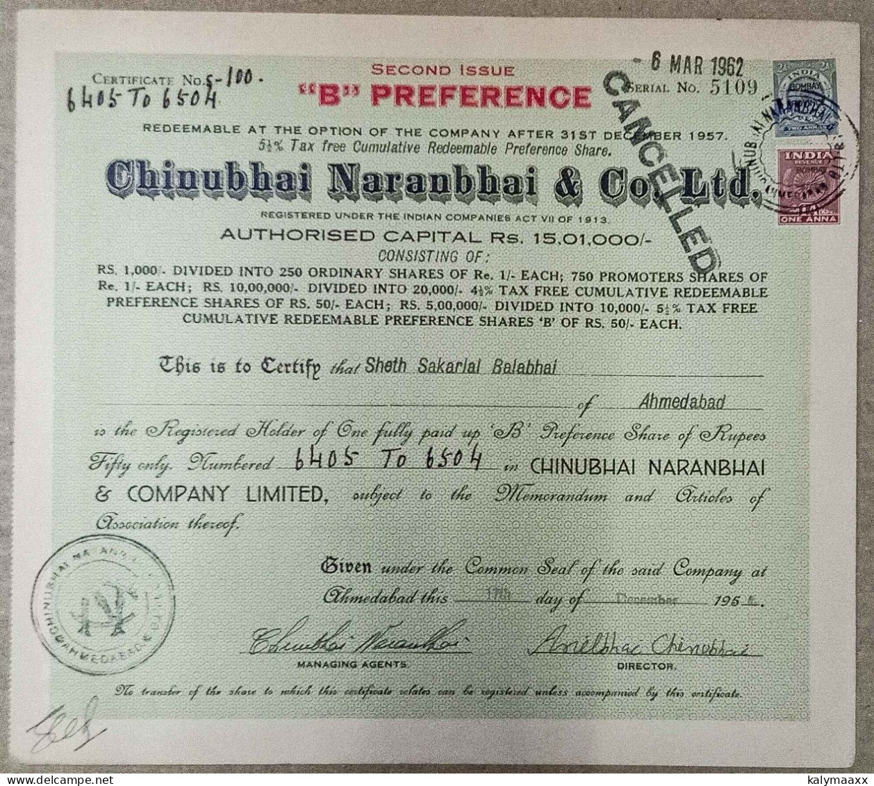 INDIA 1955 CHINNUBHAI NARANBHAI & COMPANY LIMITED, TEXTILE.....SHARE CERTIFICATE - Textile