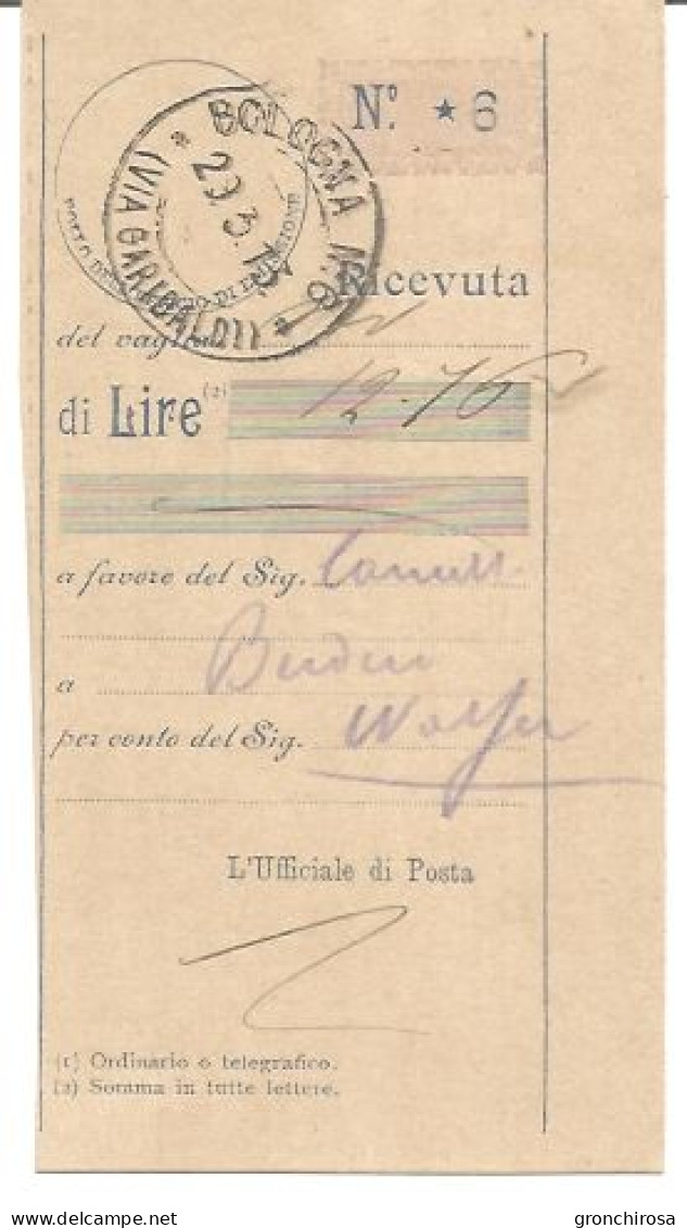 Ricevuta Cartoncino Vaglia Postale Bologna N. 6 Via Garibaldi 29.3.1913. Al Retro Tabella Tariffe Emissione Vaglia. - Strafport Voor Mandaten
